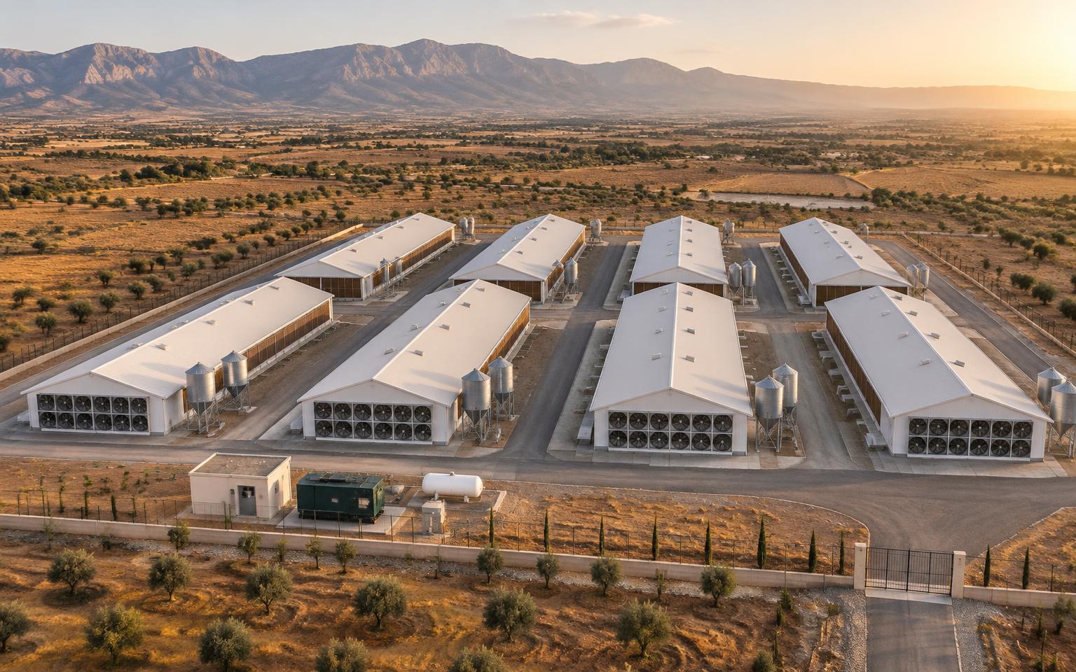 Aerial view of an eight-house tunnel-ventilated broiler complex with fan banks and silos in Morocco.