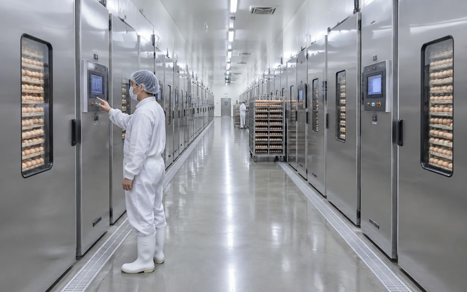 Hatchery corridor lined with stainless steel setter incubators and egg trolleys in Vietnam.