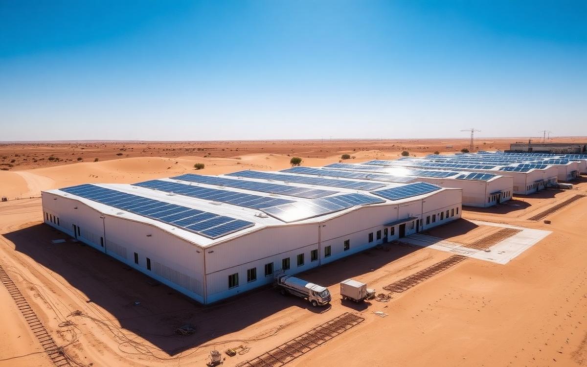 Grid-tied solar layer farm in Egypt with rooftop photovoltaic panels on four commercial poultry houses
