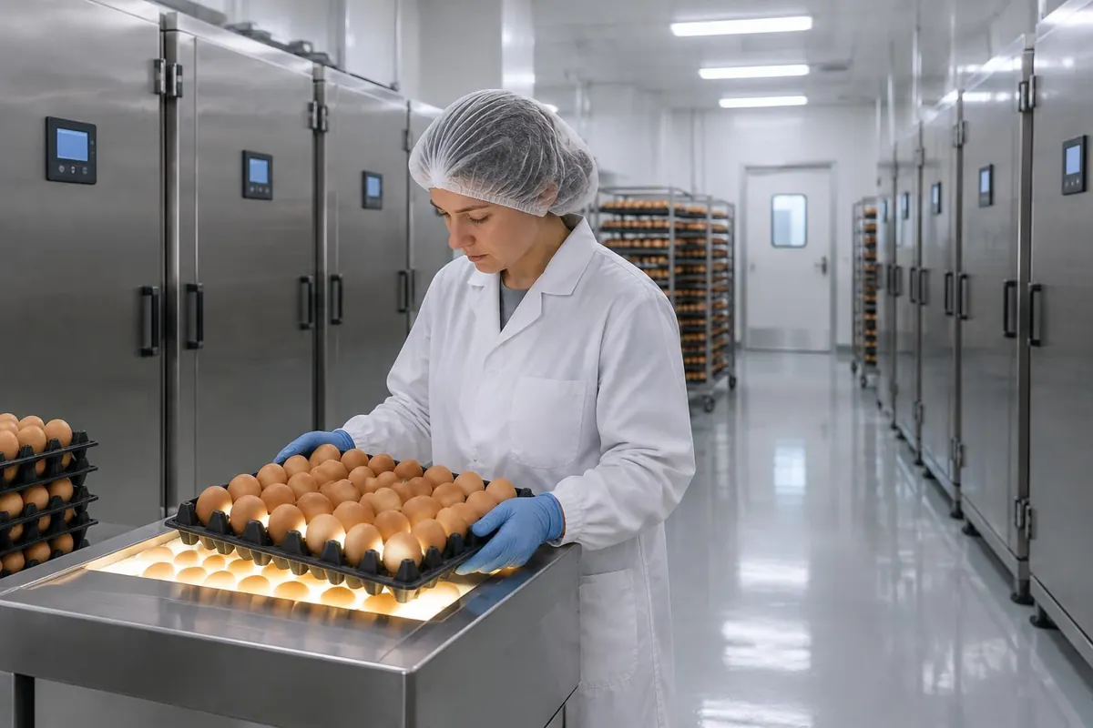 Hatchery technician in a white coat, hairnet and blue gloves holding a tray of brown hatching eggs over a backlit candling table between rows of stainless-steel incubator cabinets