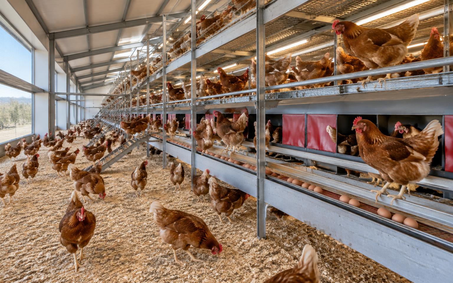 Cage-free multi-tier aviary barn with brown hens, nest boxes and egg belts in Spain.