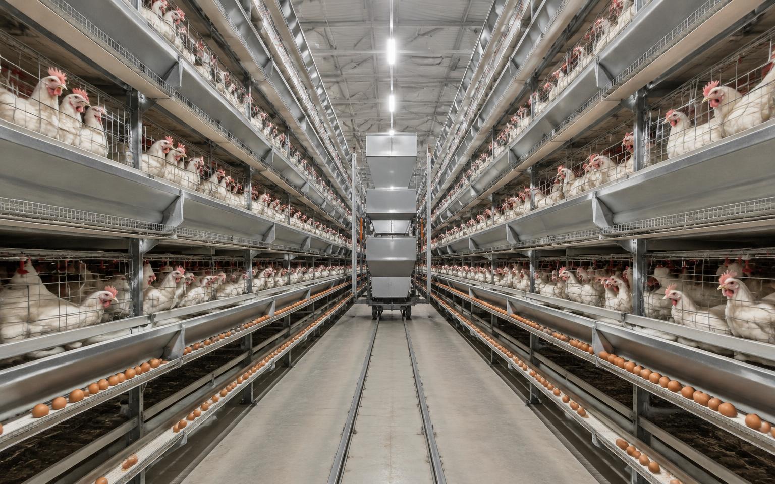 Deep aisle of a large enriched colony layer house with feeding trolley and egg belts in Egypt.
