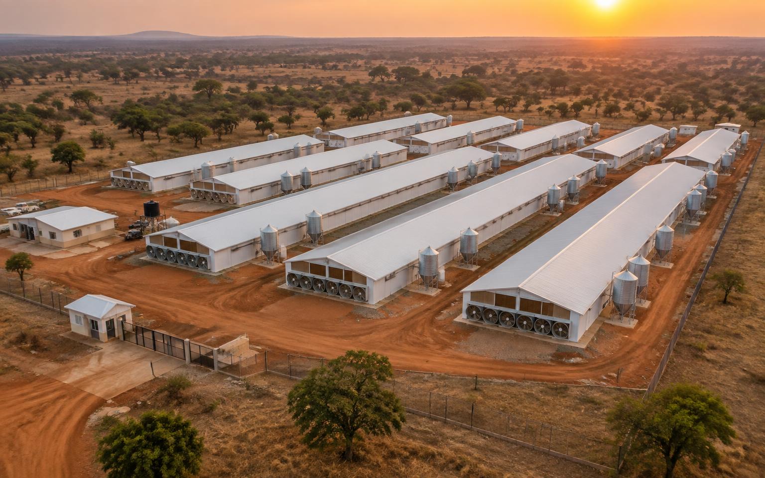 Aerial view of a multi-house tunnel-ventilated broiler complex with feed silos in Nigeria at sunset.