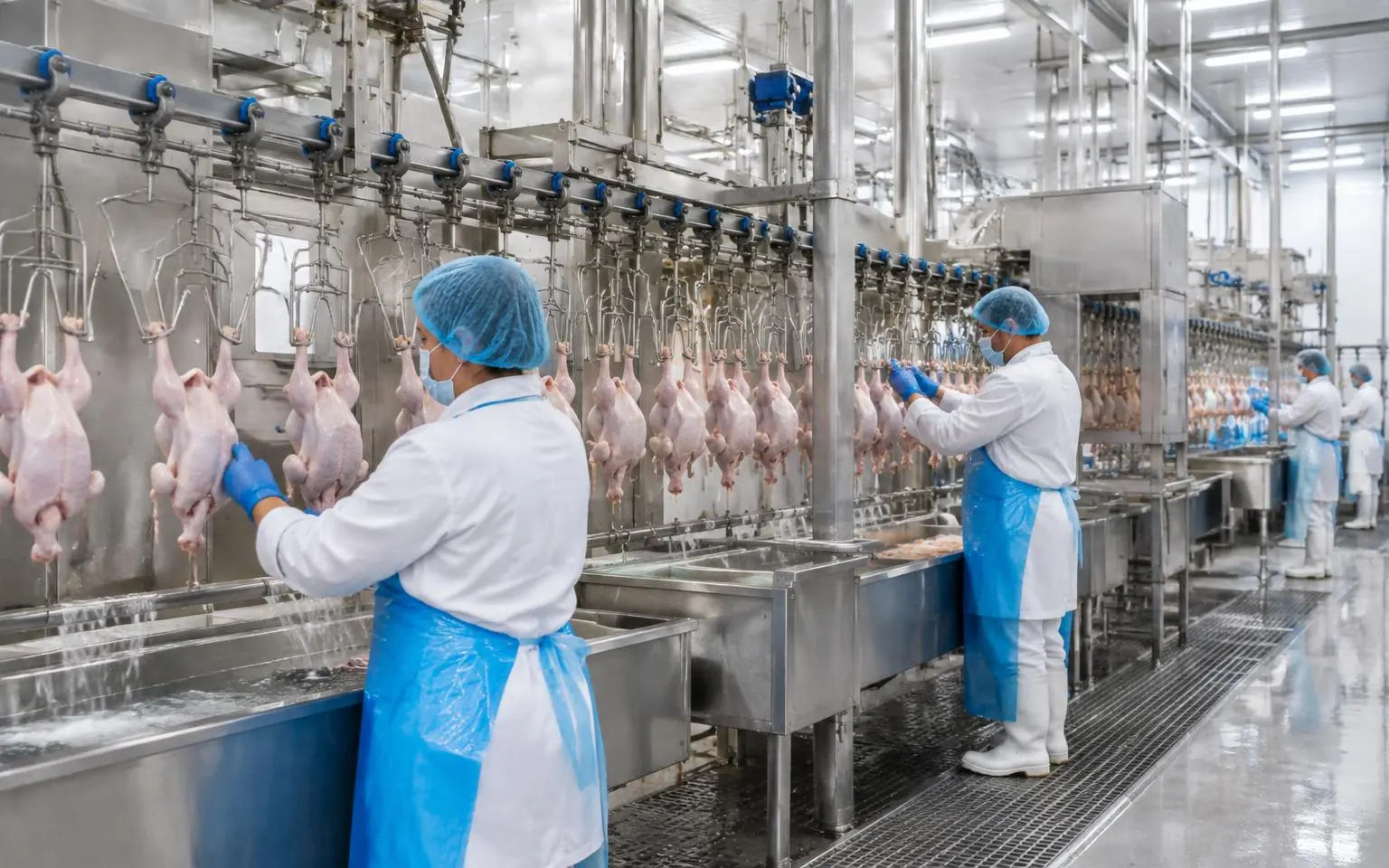 Broiler processing line with overhead shackle conveyor and workers in hygiene clothing in Türkiye.