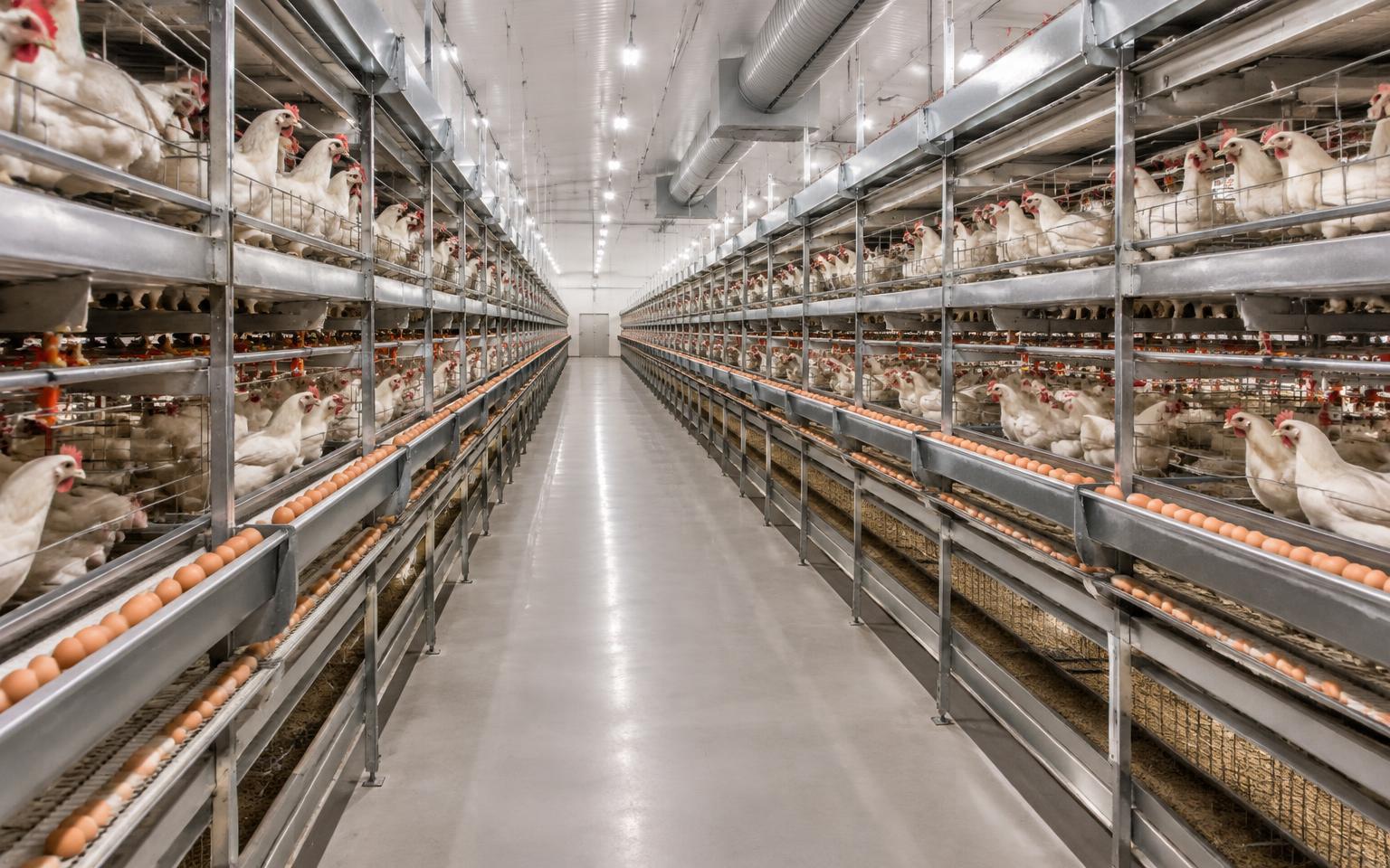 Interior aisle of an enriched colony layer house with automated egg belts in Saudi Arabia.