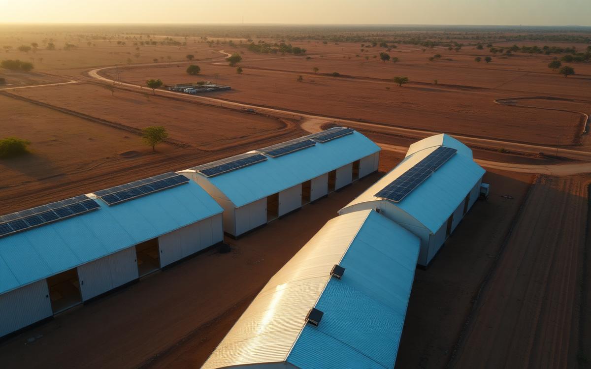 Aerial view of an off-grid solar broiler poultry farm in Nigeria with rooftop PV on six tunnel houses