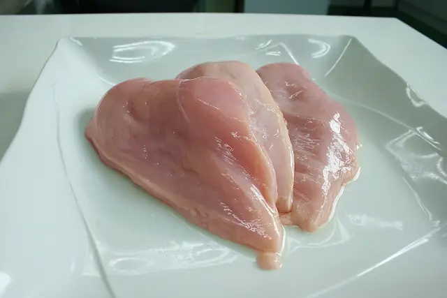 Raw boneless chicken breast fillets on a white plate