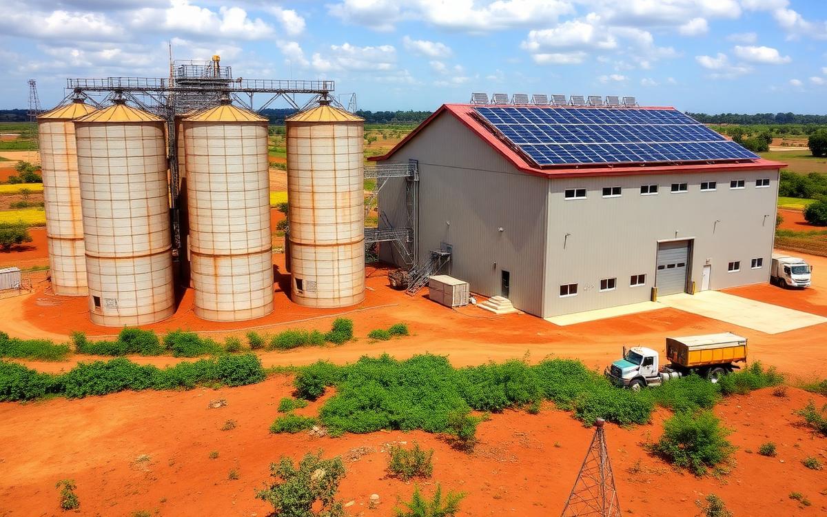 Solar-powered poultry feed mill in Uganda with grain silos and rooftop photovoltaic array