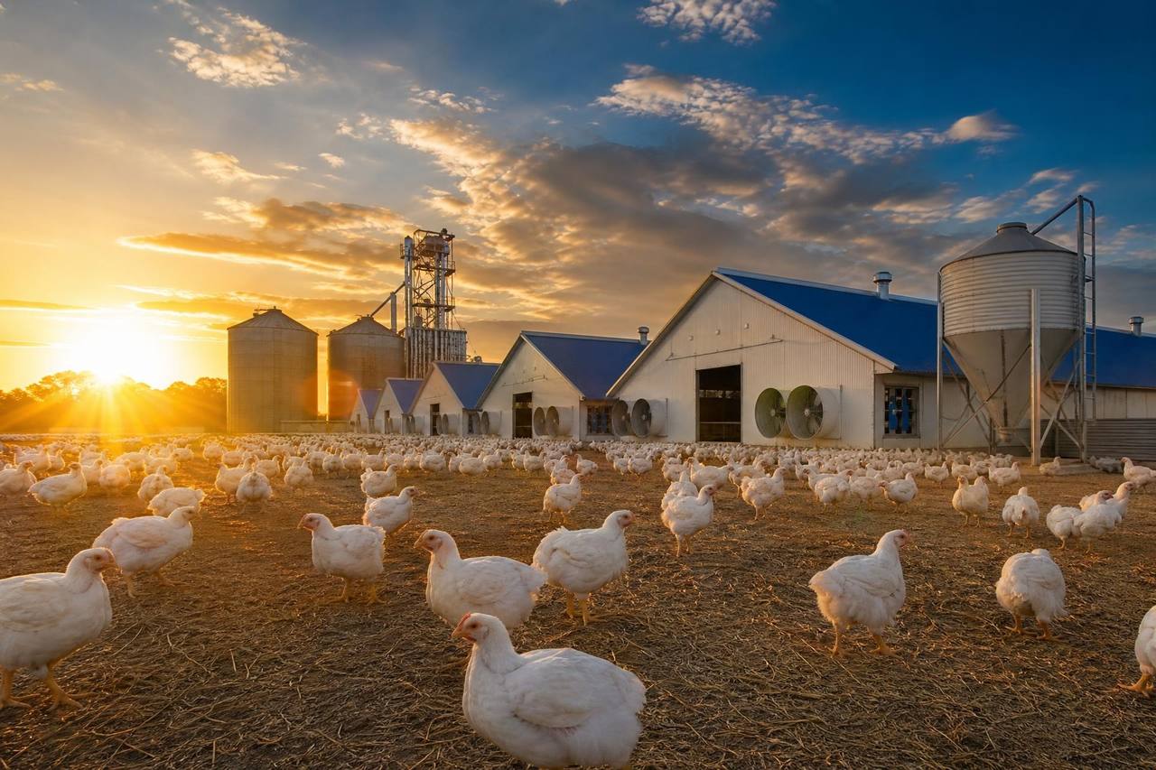 Cinematic aerial view at dusk of a modern, large-scale commercial poultry complex — hatchery, broiler houses, feed mill tower, grain silos and transformer yard — representing multi-million-dollar commercial poultry infrastructure.