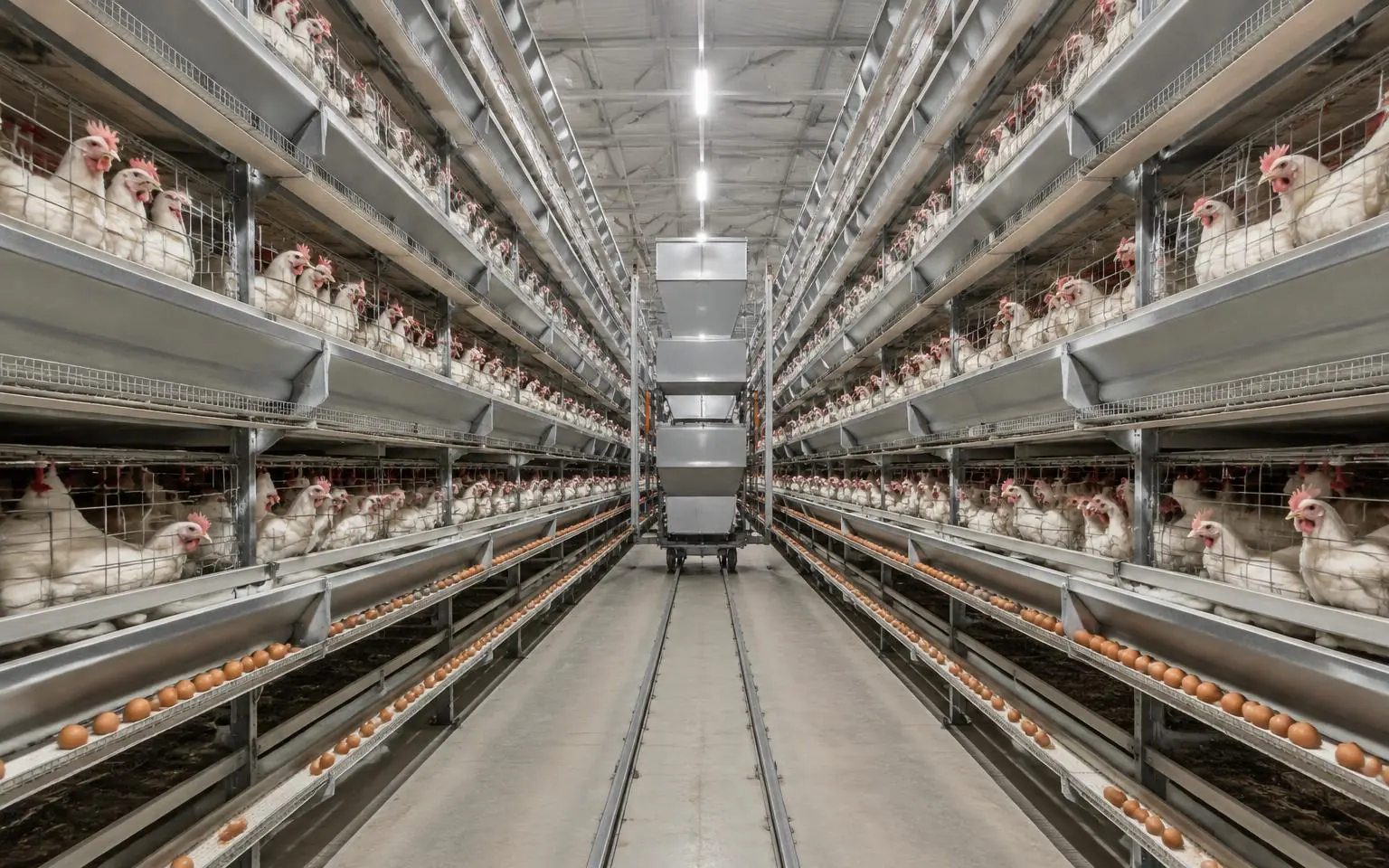 Deep aisle of a large enriched colony layer house with feeding trolley and egg belts in Egypt.