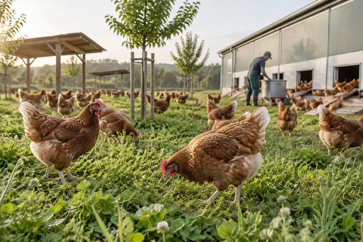 Brown laying hens foraging on a green outdoor range with young trees and wooden shade shelters beside a modern poultry house with open pop-holes