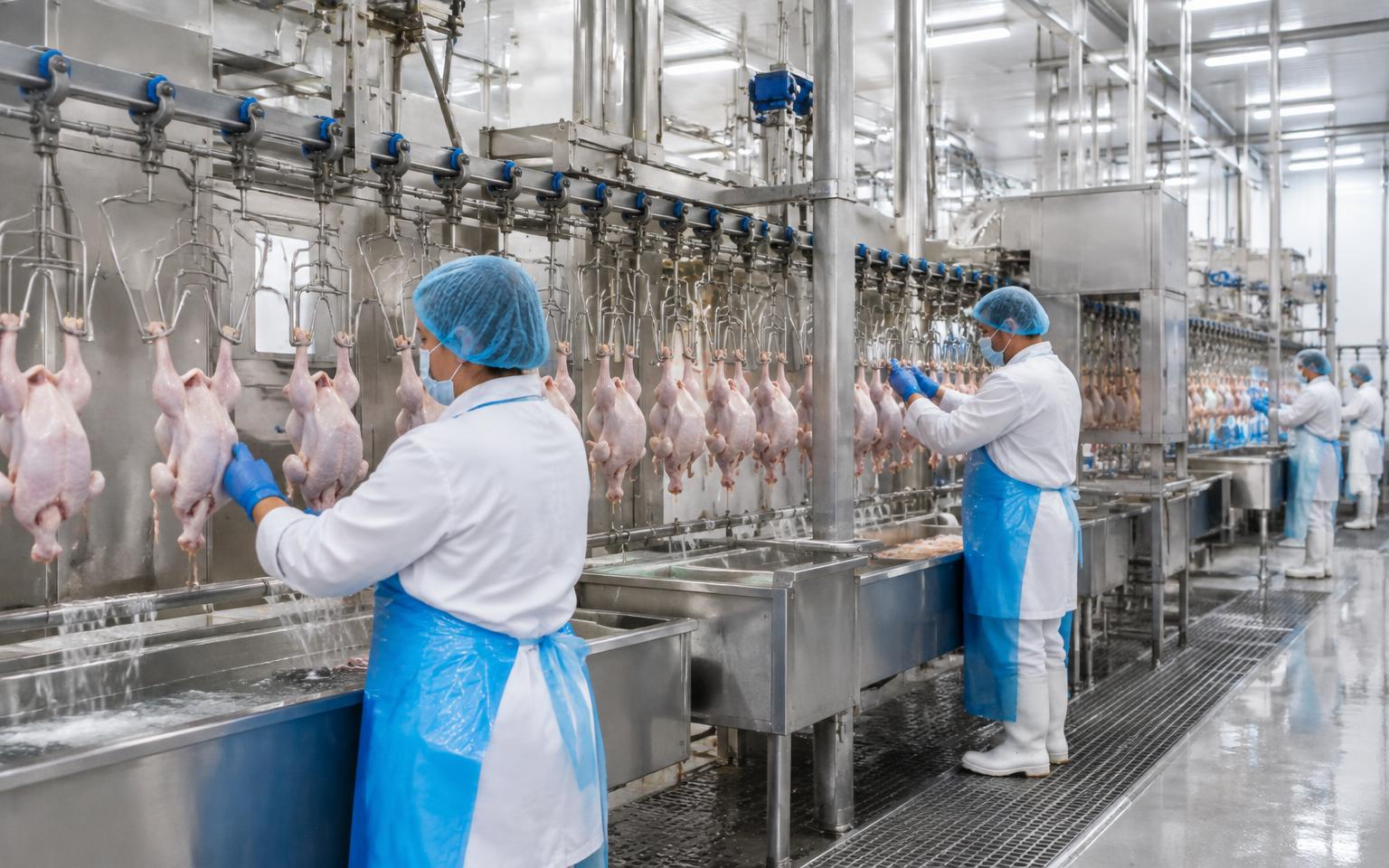 Broiler processing line with overhead shackle conveyor and workers in hygiene clothing in Türkiye.