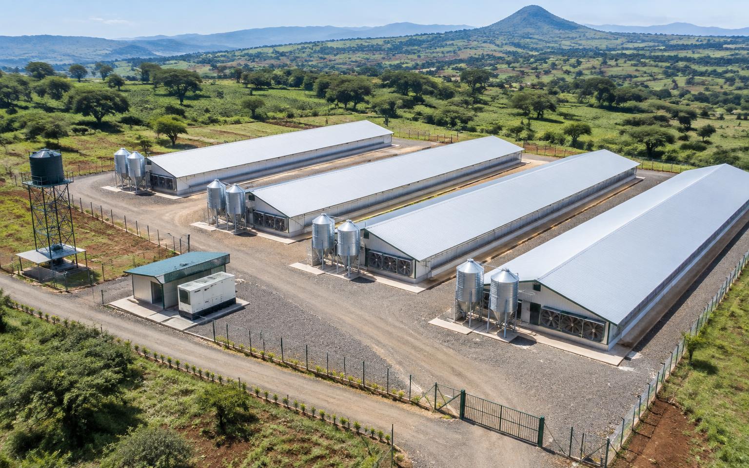 Aerial view of a newly built turnkey broiler farm with feed silos, water tower and standby generator in Kenya.