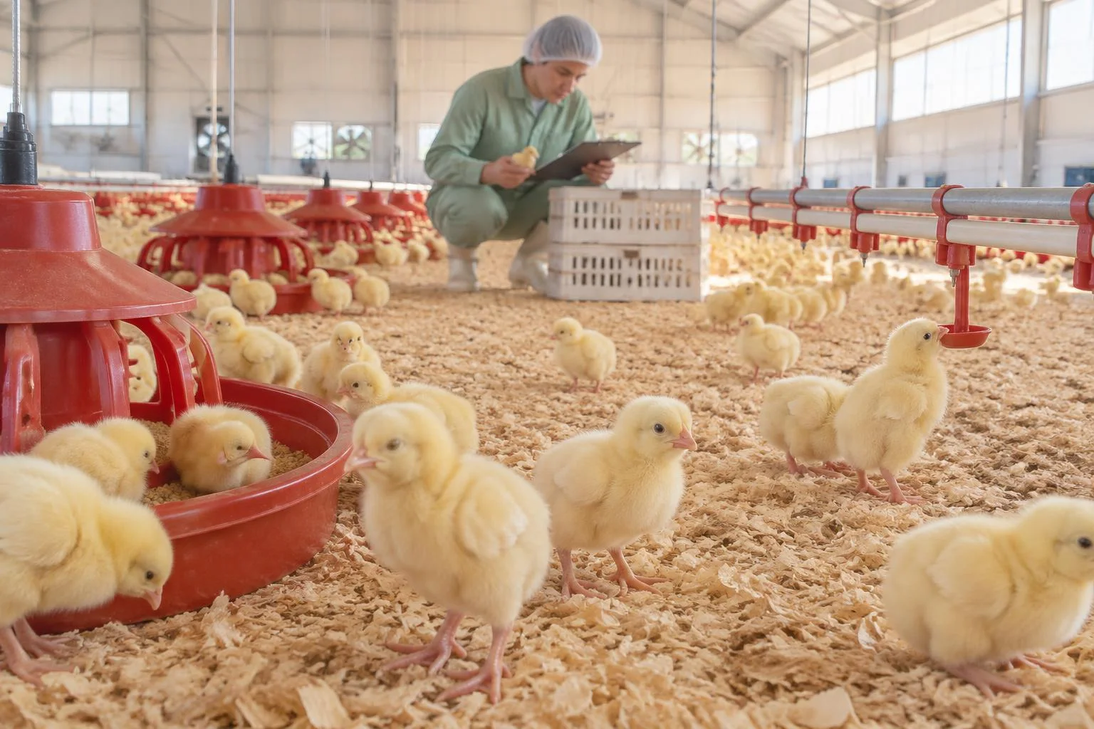 Yellow chicks beside feed trays and drinker lines while a worker records placement observations