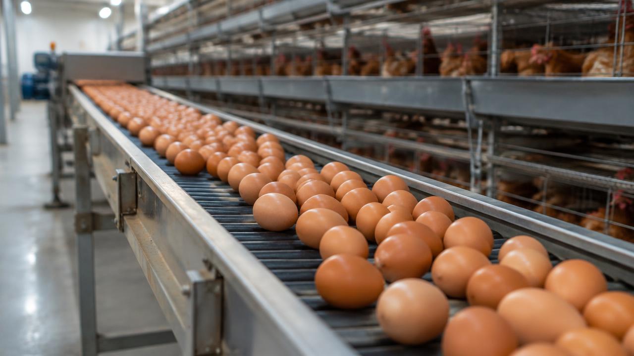 Egg collection belt carrying brown eggs out of a layer house with colony cages