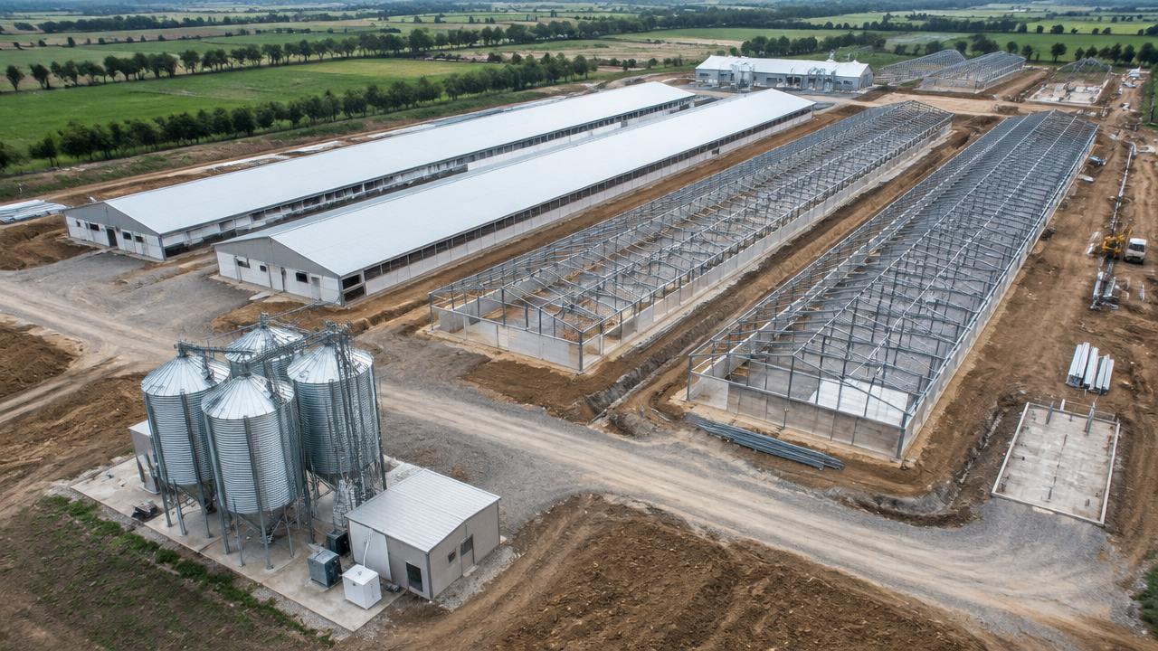 Commercial poultry farm under construction with finished houses, steel frames and feed silos