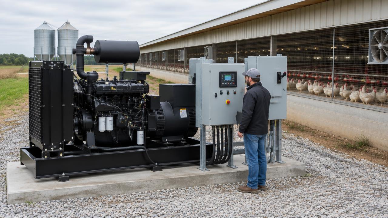 Diesel standby generator with transfer switch panel beside a poultry house