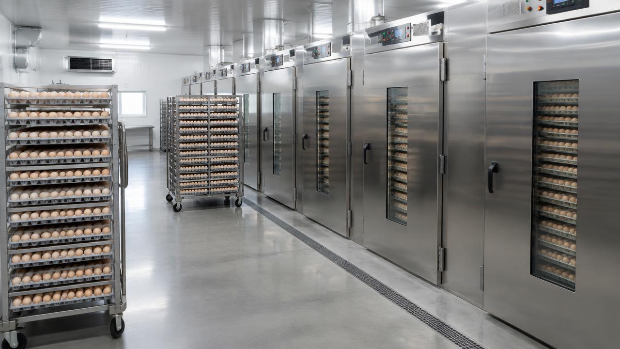 Hatchery setter room with single-stage incubator cabinets and trolleys of hatching eggs