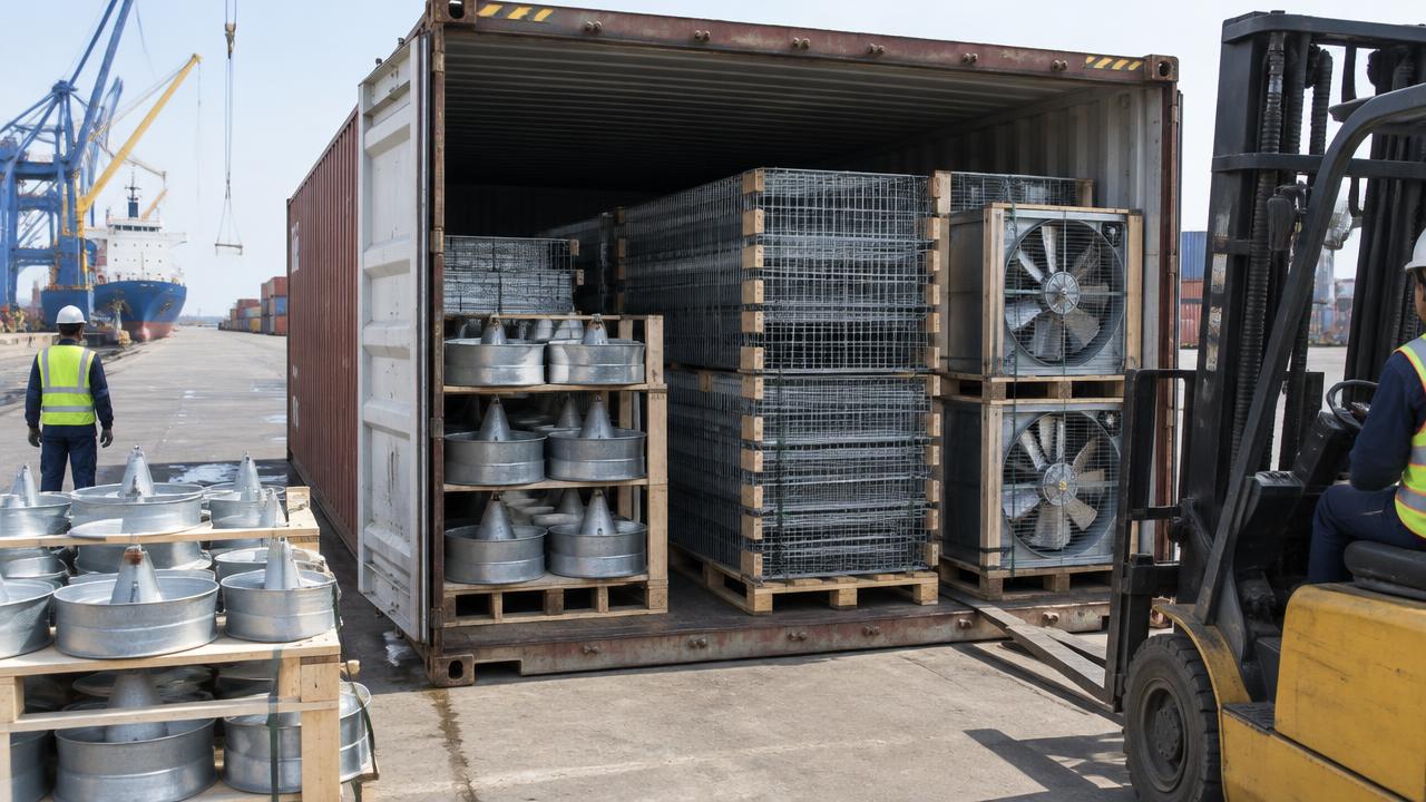 Crated poultry equipment unloaded from a shipping container at a port