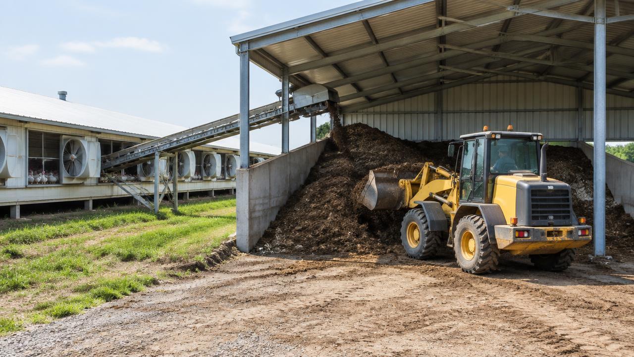 Covered manure store beside a layer farm with a conveyor and a loader moving manure