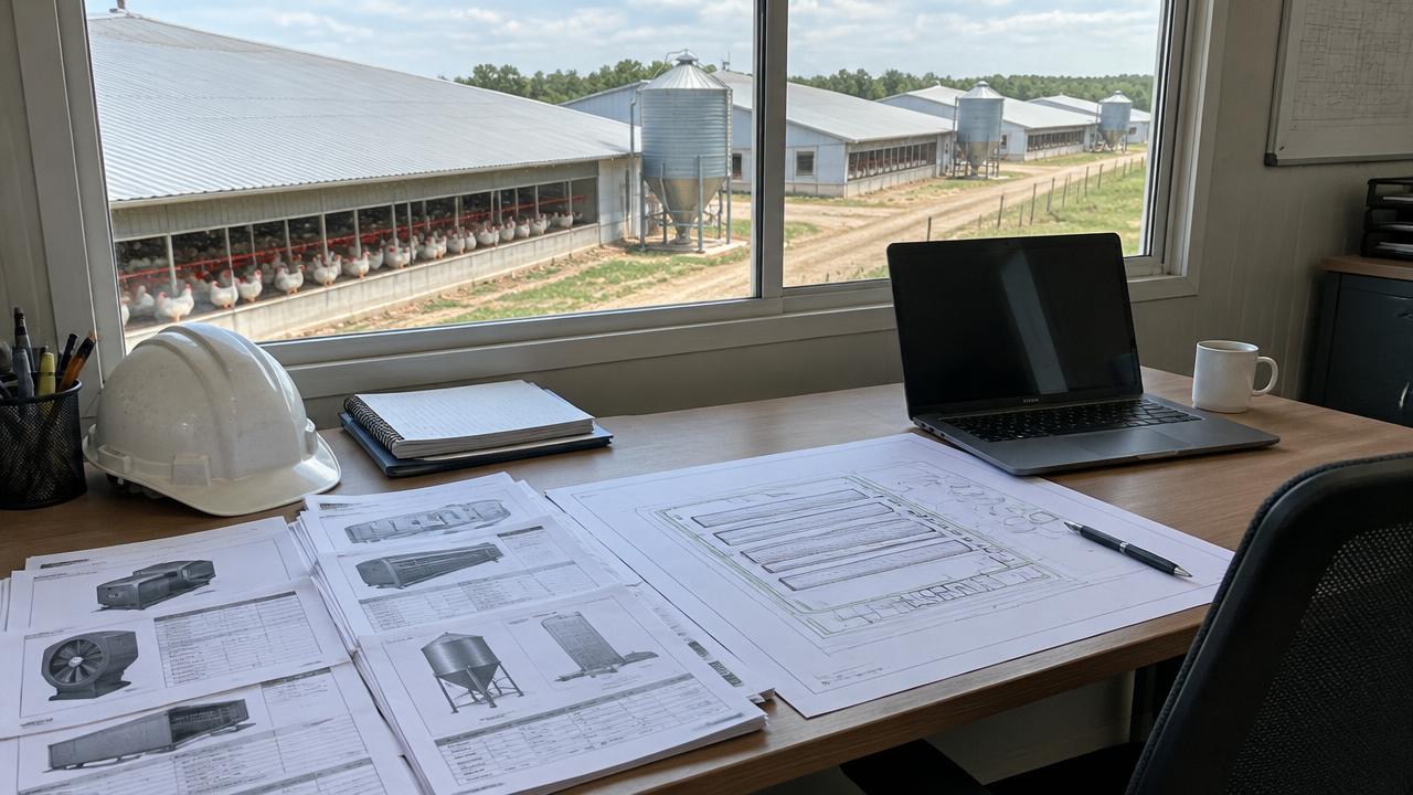 Equipment specification sheets and a poultry house layout drawing on a site-office desk beside a commercial poultry farm