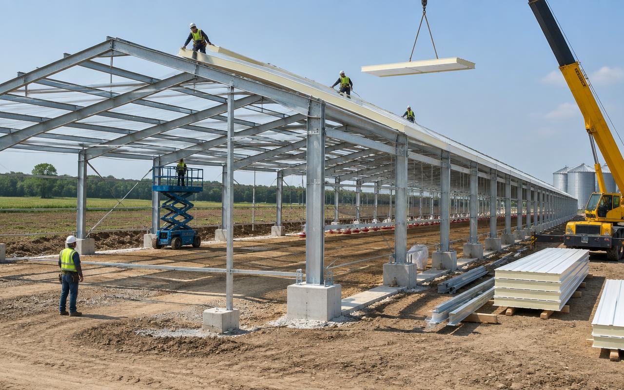 Bâtiment avicole commercial en construction avec portiques en acier galvanisé et panneaux sandwich en toiture