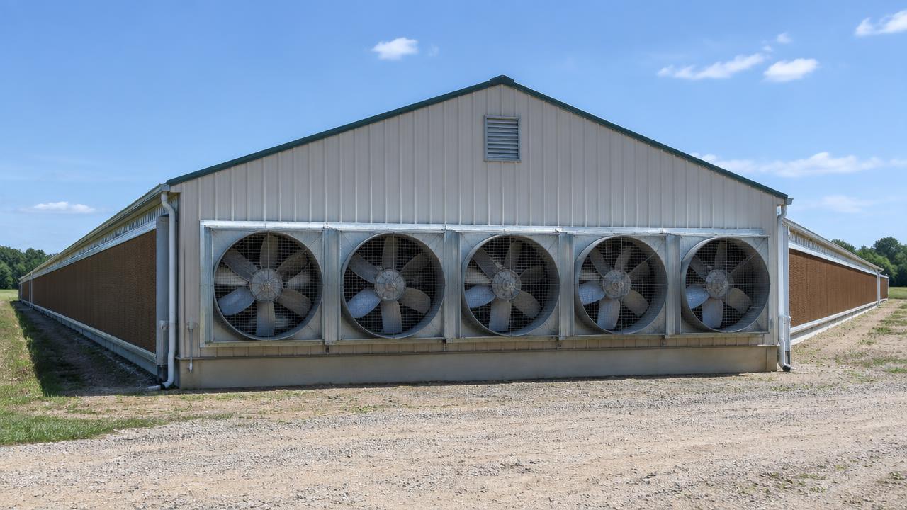 Tunnel-ventilated poultry house end wall with large exhaust fans and evaporative cooling pads