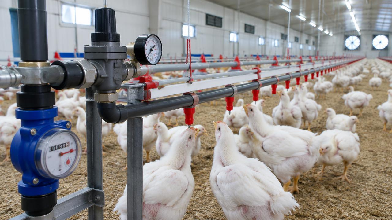 Nipple drinker lines with pressure regulator and water meter in a broiler house