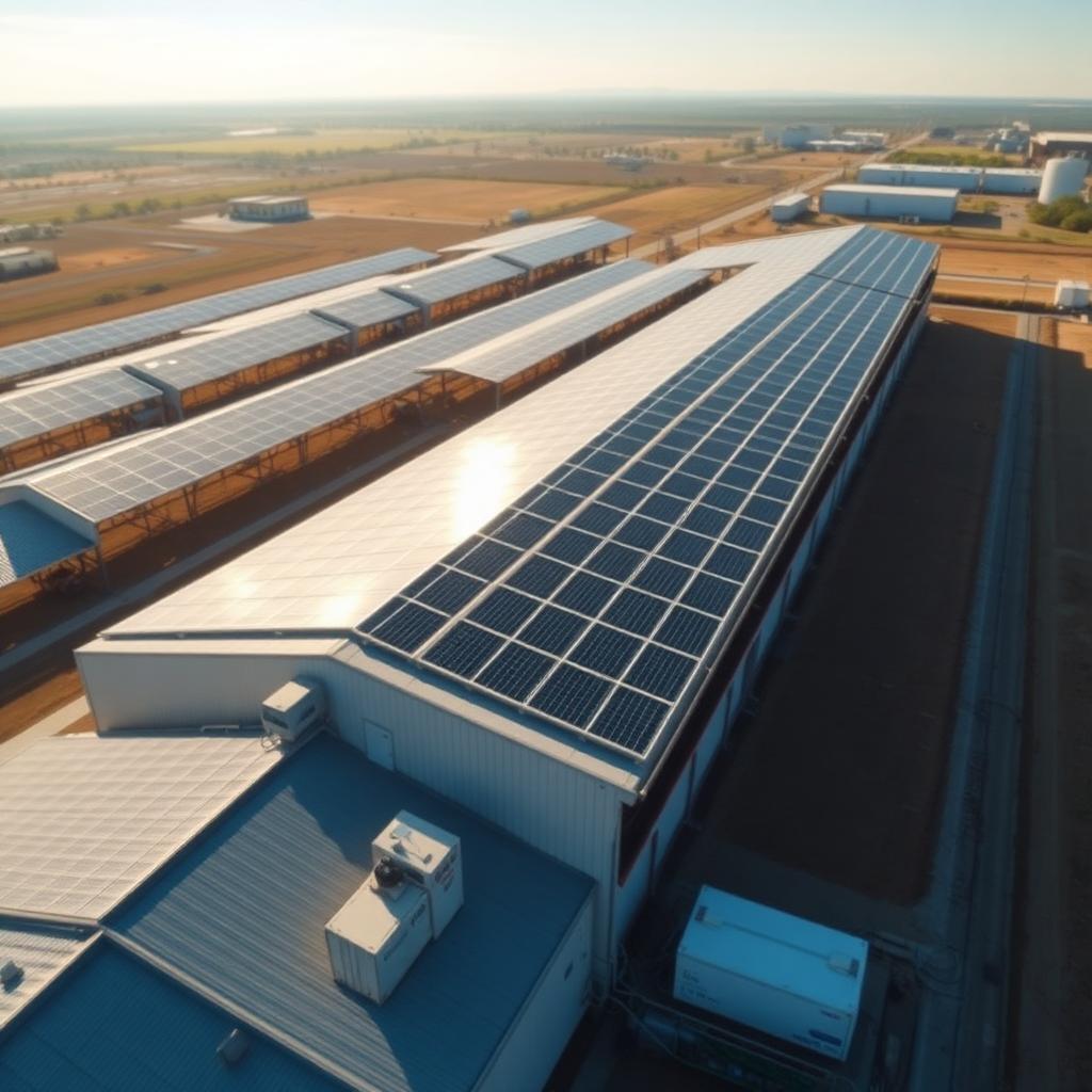 Aerial view of poultry barn roofs covered with solar panels