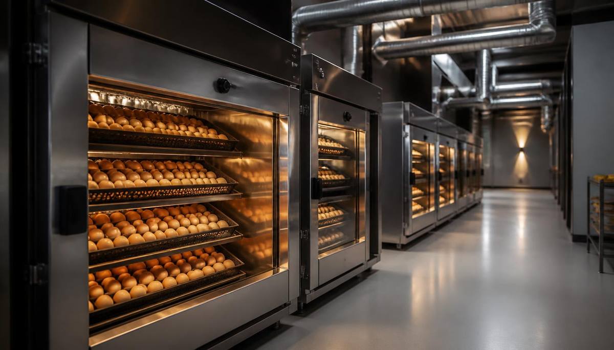 Interior of a modern commercial hatchery with stainless-steel setter and hatcher cabinets, HVAC ducting and hygienic flooring