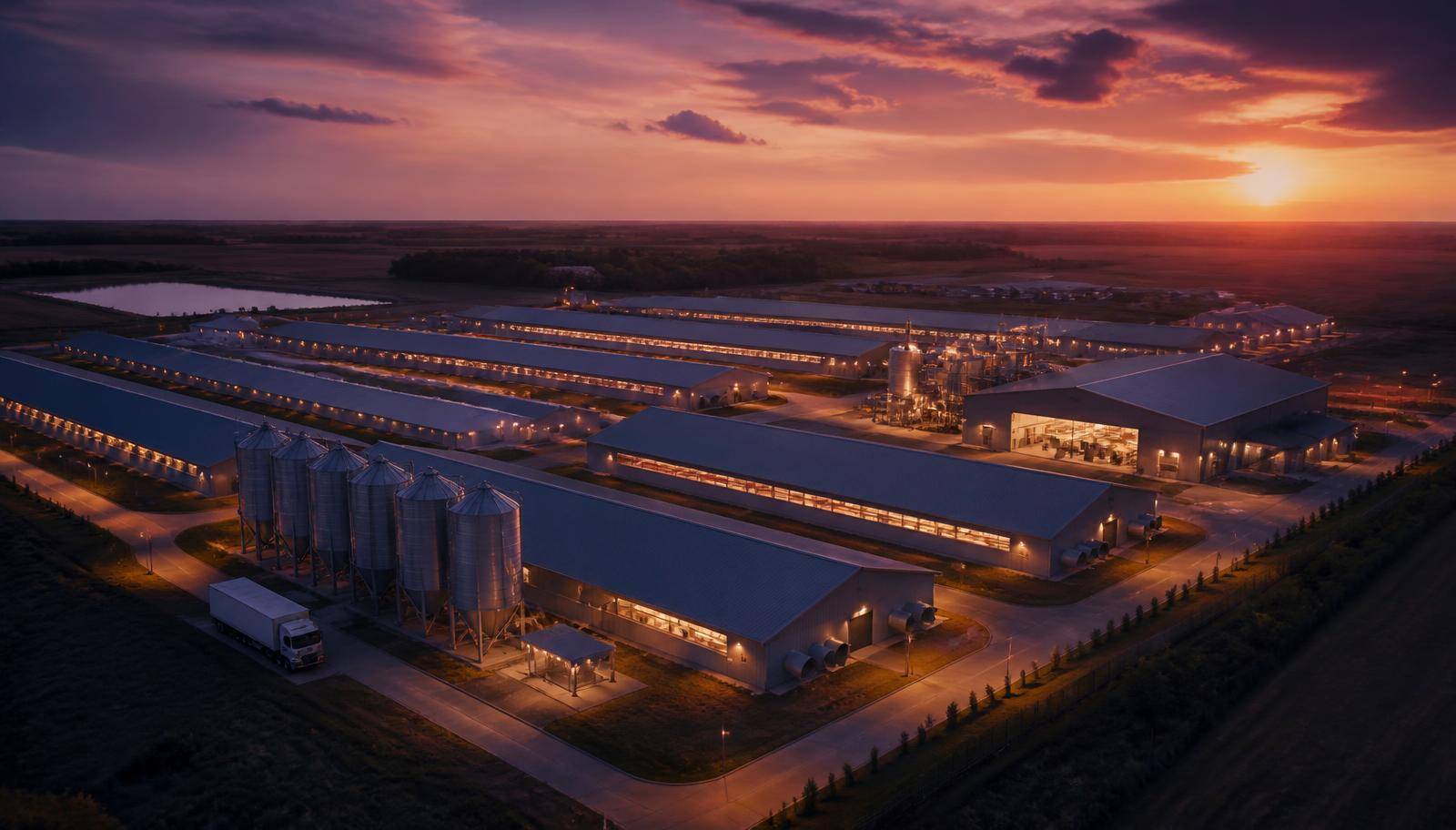 Aerial view of a modern integrated commercial poultry complex at dusk with grow-out houses, feed silos and a processing hall