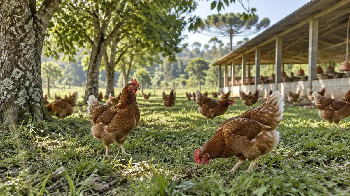 Brown laying hens foraging on grass under shade trees beside an open-sided poultry house on a farm in southern Brazil