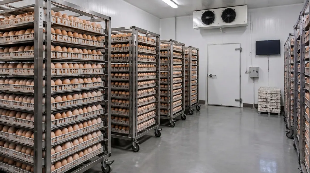 Cool, clean hatchery egg-storage room with rows of wheeled metal trolleys holding trays of brown hatching eggs and a ceiling cooling unit