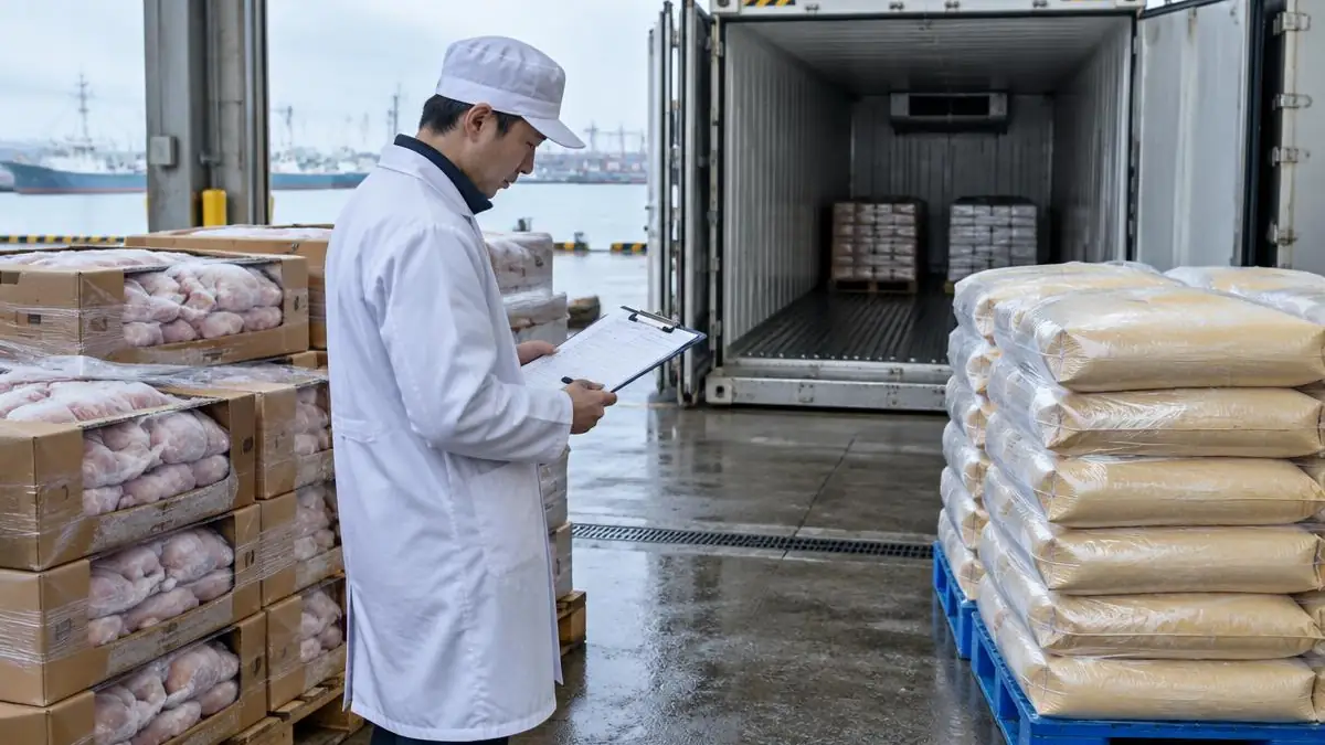 An inspector with a clipboard checks documents beside cartons of frozen chicken and sacks of egg powder at a port cold store