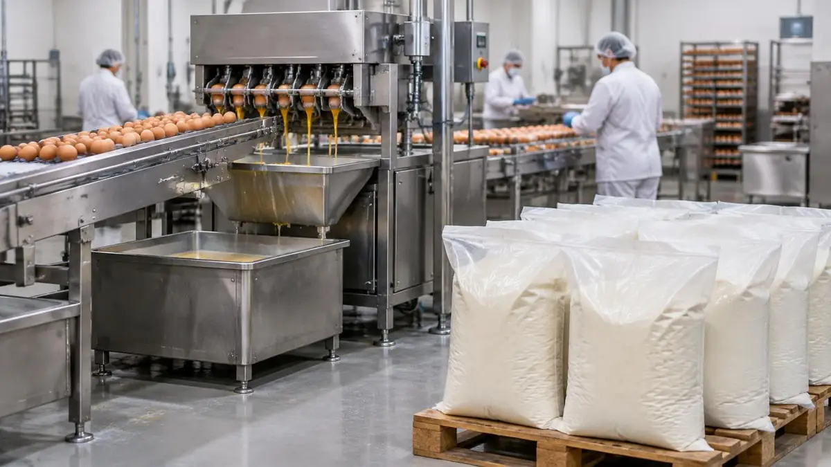 An egg-breaking and processing line with brown eggs on conveyors and sacks of egg powder on a pallet