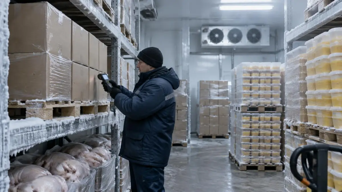 A worker in a cold store scanning cartons of frozen poultry, with pallets of egg-product containers on racks
