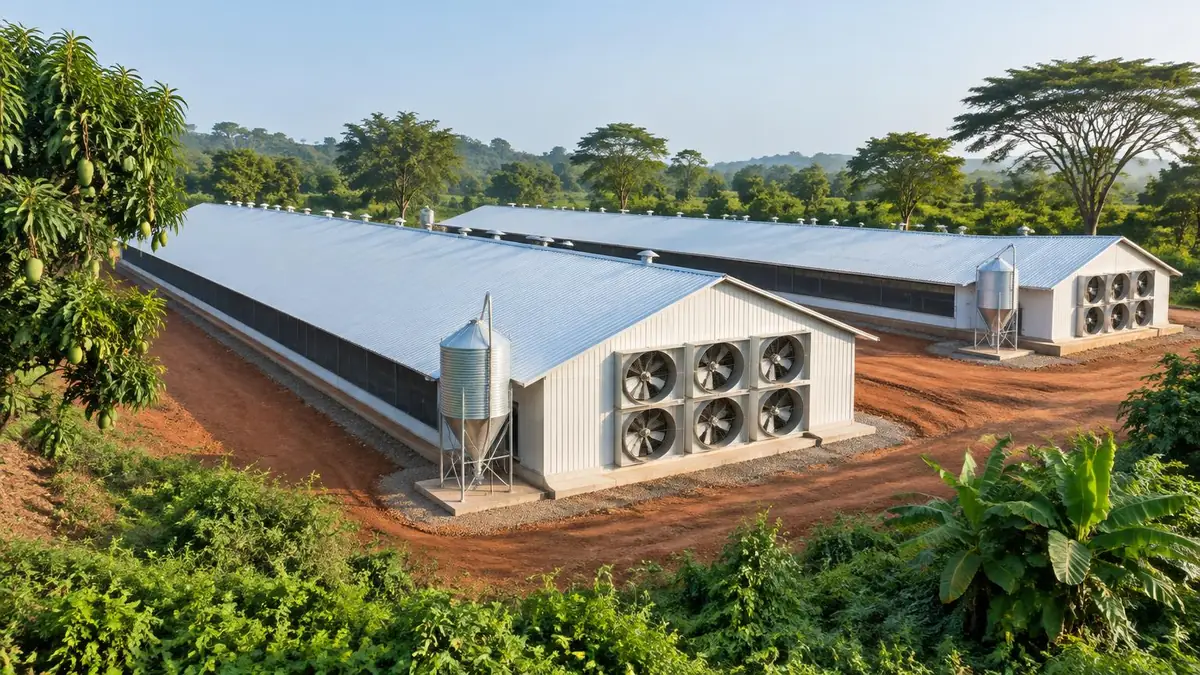 Two long white-roofed broiler houses with tunnel-ventilation fans and feed silos on red soil, surrounded by mango trees and green subtropical bush