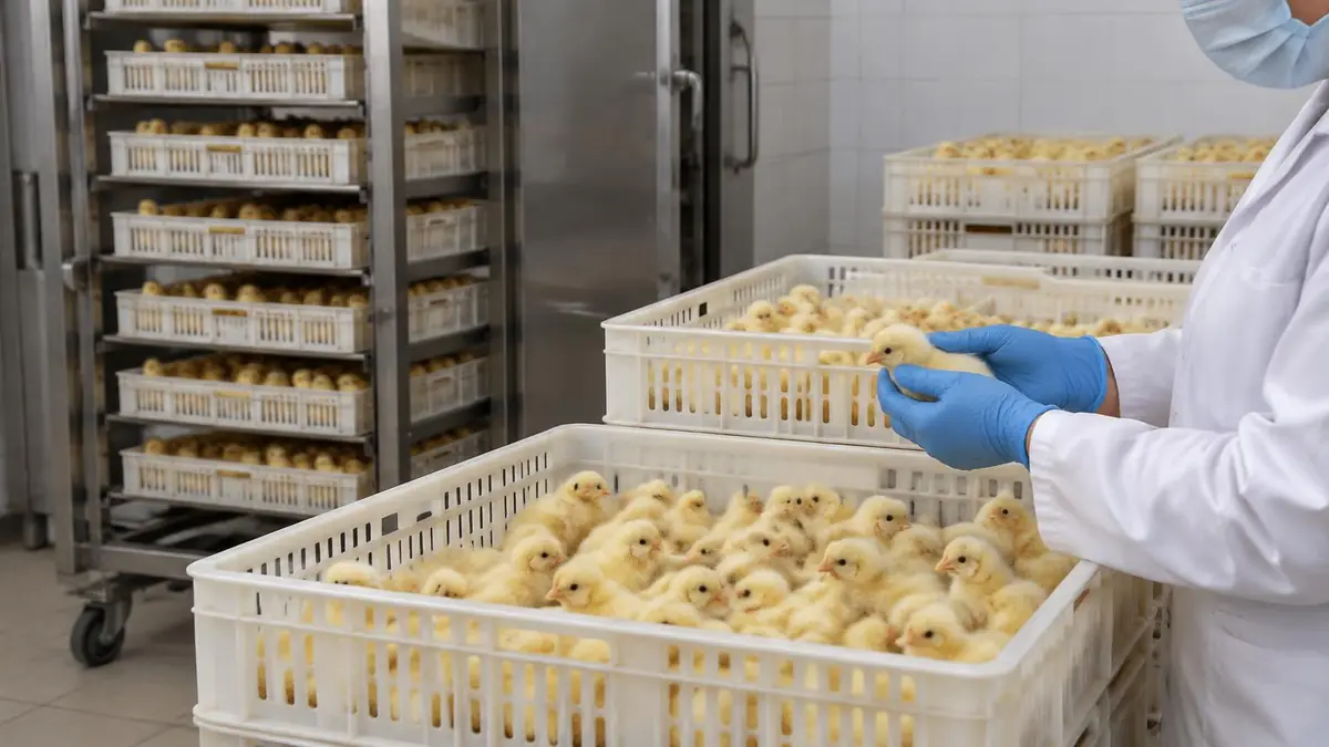 Day-old broiler chicks in white plastic chick boxes in a hatchery, with a gloved technician checking one chick and hatcher trolleys behind