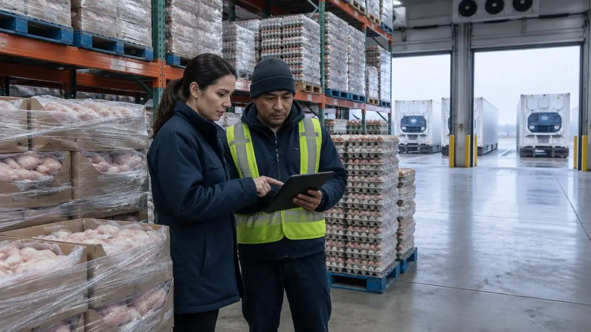 A buyer and a warehouse worker check a tablet beside pallets of boxed frozen chicken and stacked egg trays in a cold store
