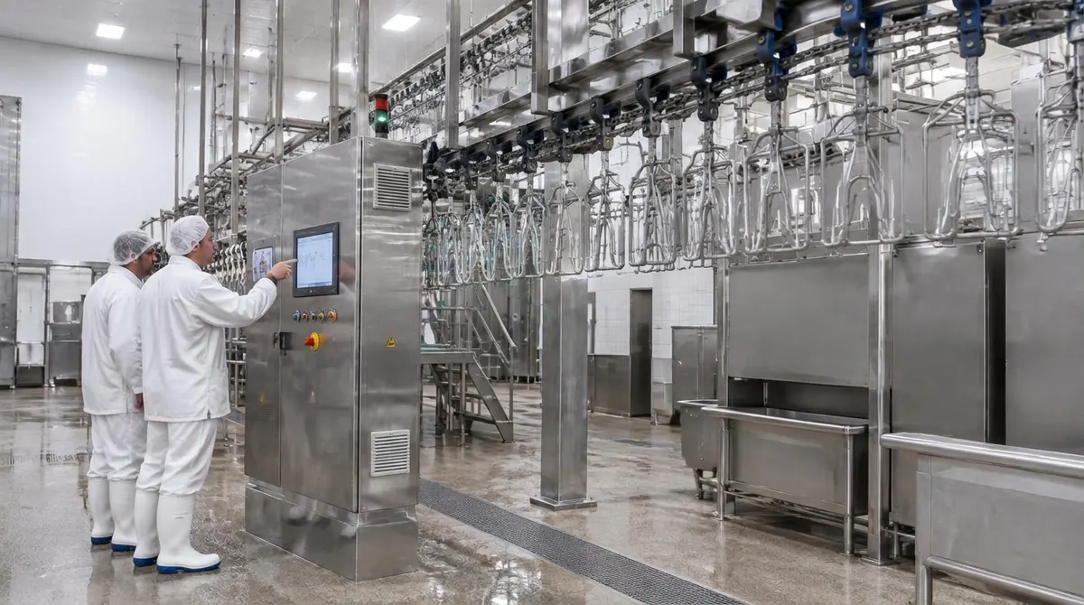 Stainless-steel overhead shackle line and control cabinet in a clean poultry processing hall, with two technicians in hygiene clothing at the touchscreen