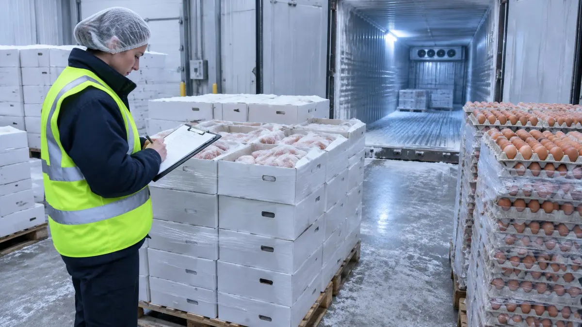 An inspector in a high-visibility vest checks paperwork beside pallets of boxed frozen chicken and trays of brown eggs at a refrigerated port store