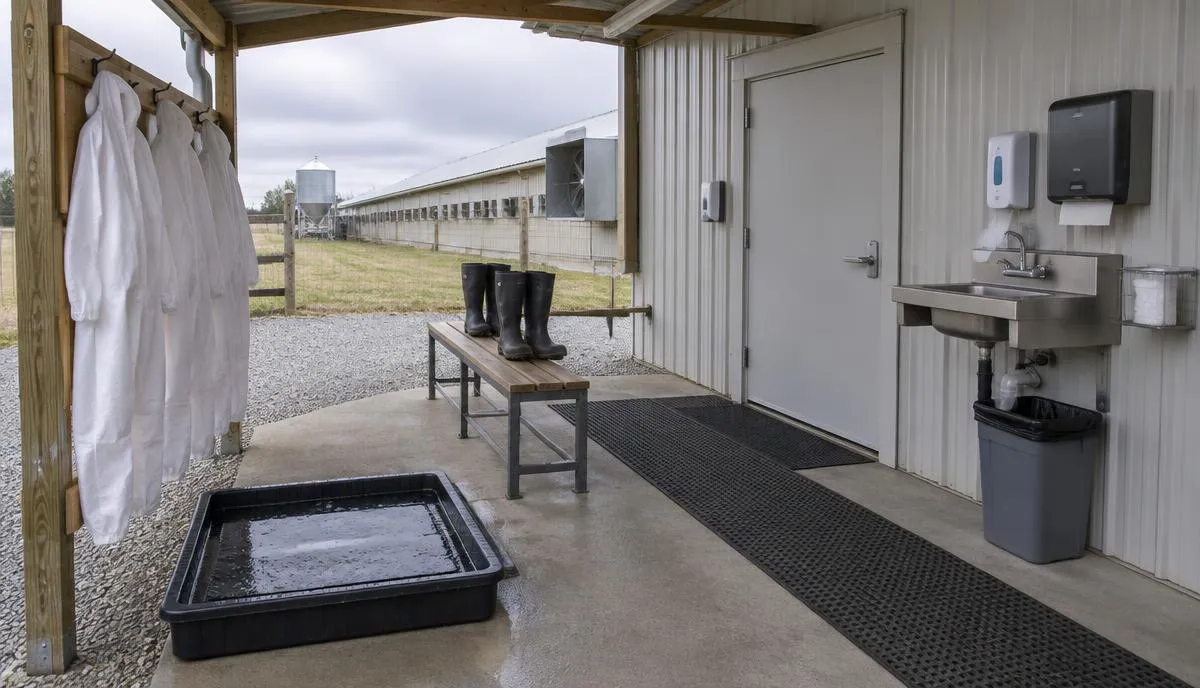 Biosecurity entry point at a commercial poultry farm with footbath, boot-change bench, wash basin and clean coveralls