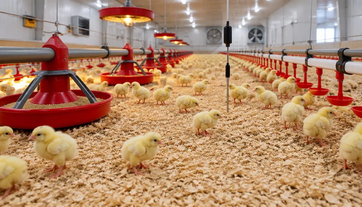 Day-old chicks spread evenly on fresh litter between brooder feeder pans and drinker lines in a commercial broiler house