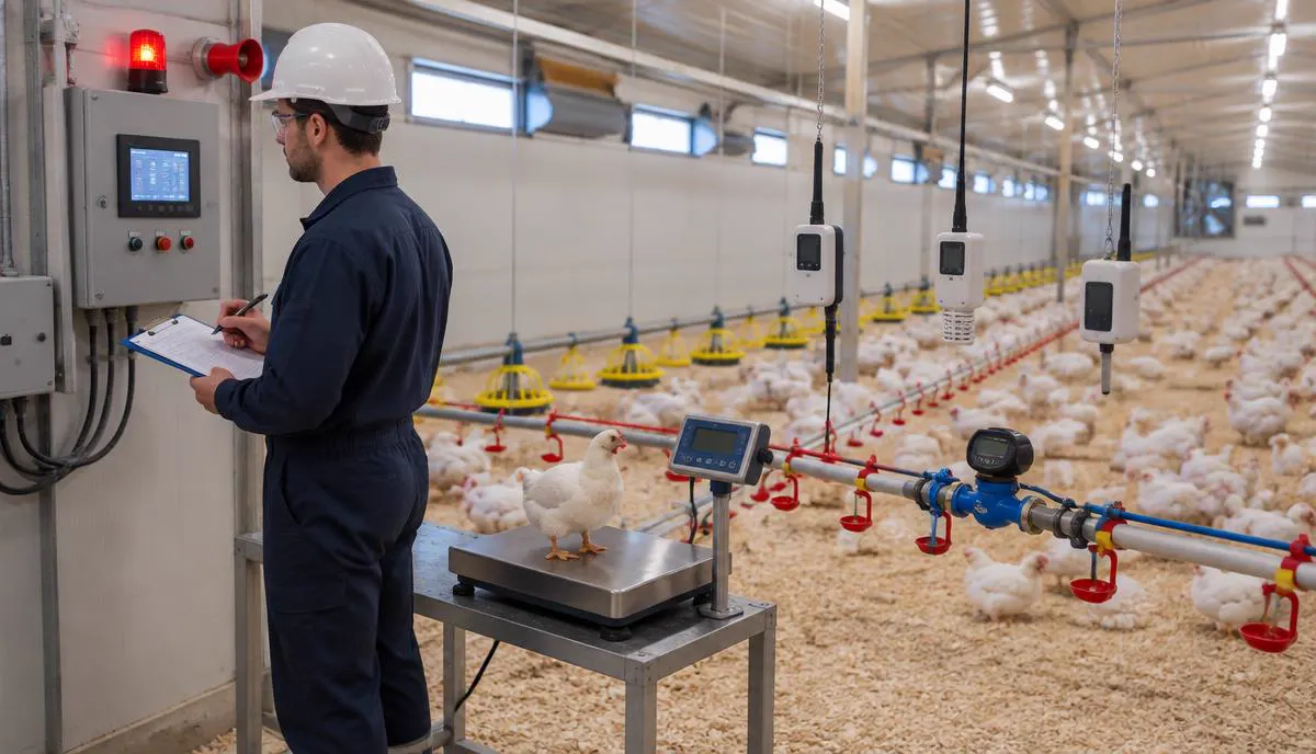 Engineer recording a commissioning check beside a climate controller and alarm, with a bird scale, water meter and data loggers on the drinker line