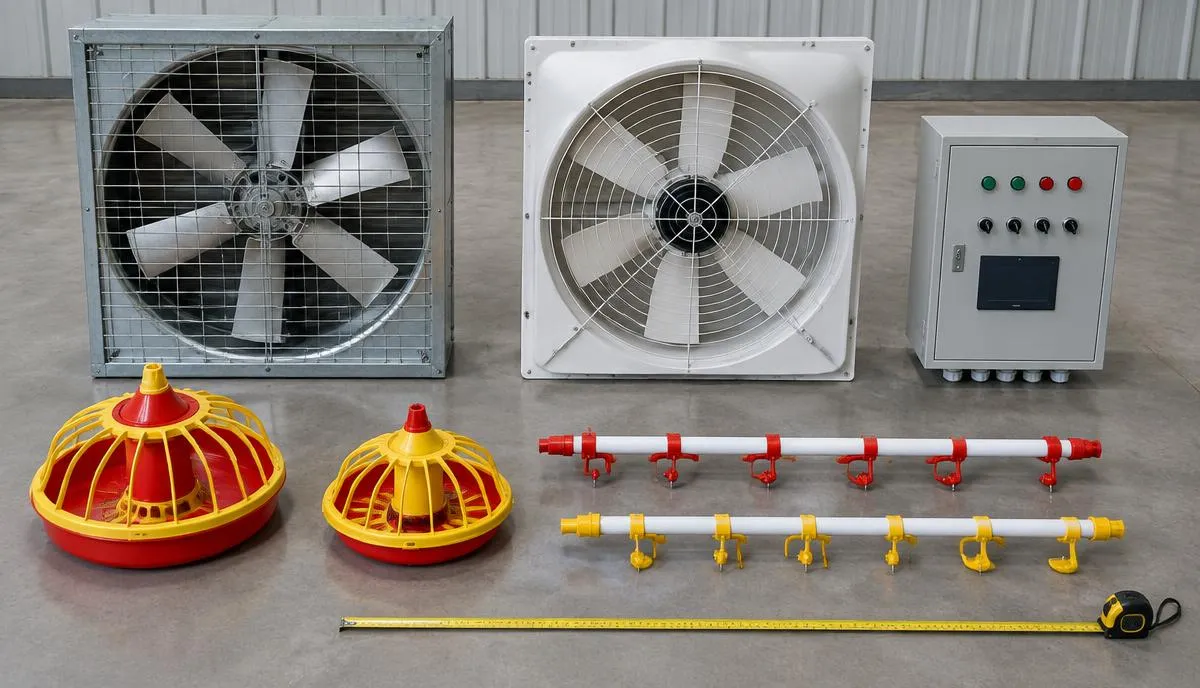 Poultry fans, feeder components, drinker lines and a control panel arranged for comparison; illustrative equipment visual