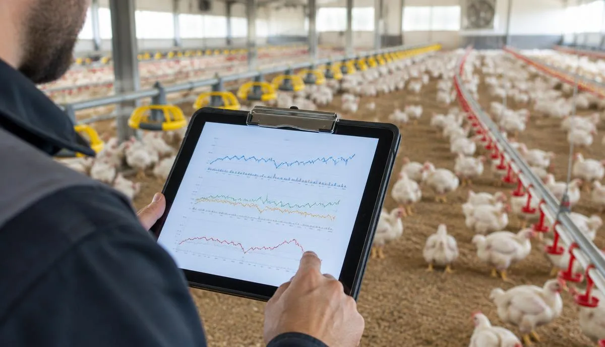Farm manager reviewing flock performance charts on a tablet inside a broiler house with feeder and drinker lines