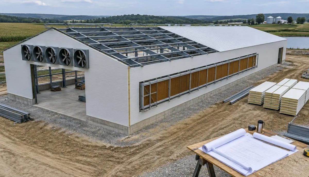 New commercial poultry house under construction with steel frame, insulated panels, tunnel fans and evaporative cooling pads