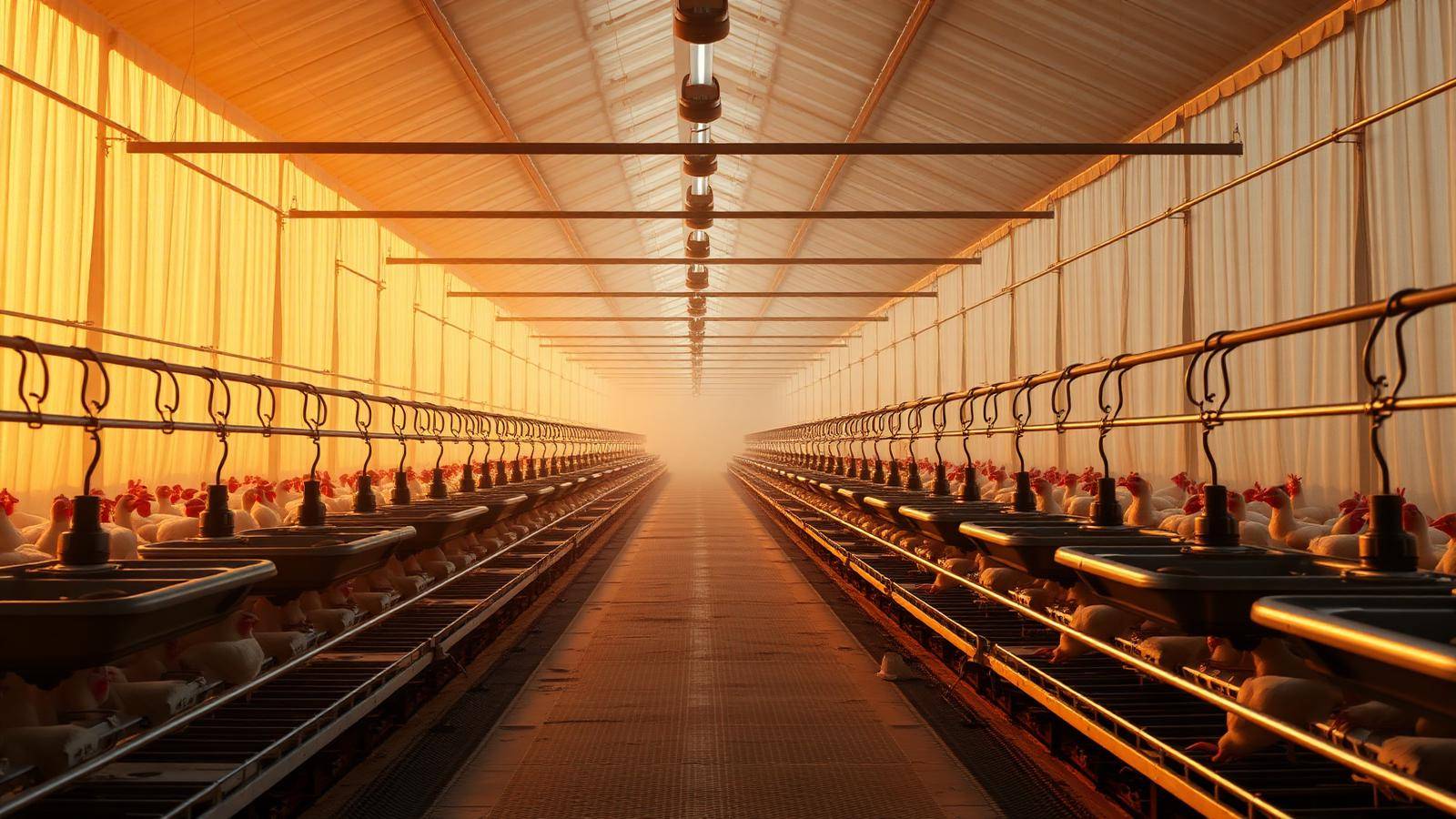 Poultry feeding — pan, chain and auger systems. — modern commercial poultry house interior with automated feeding, drinking and climate control systems