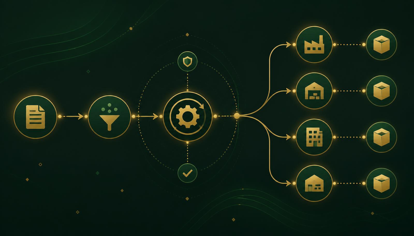 Automated procurement flow: a structured request is filtered, validated and routed to multiple vetted suppliers