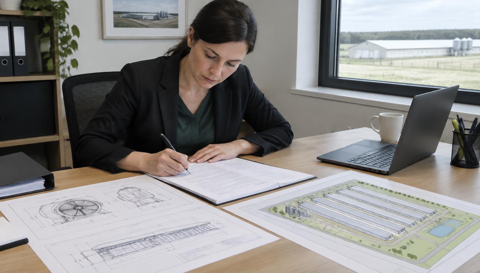 Responsable des achats remplissant une RFQ avicole commerciale sur un ordinateur portable à côté de plans de bâtiments